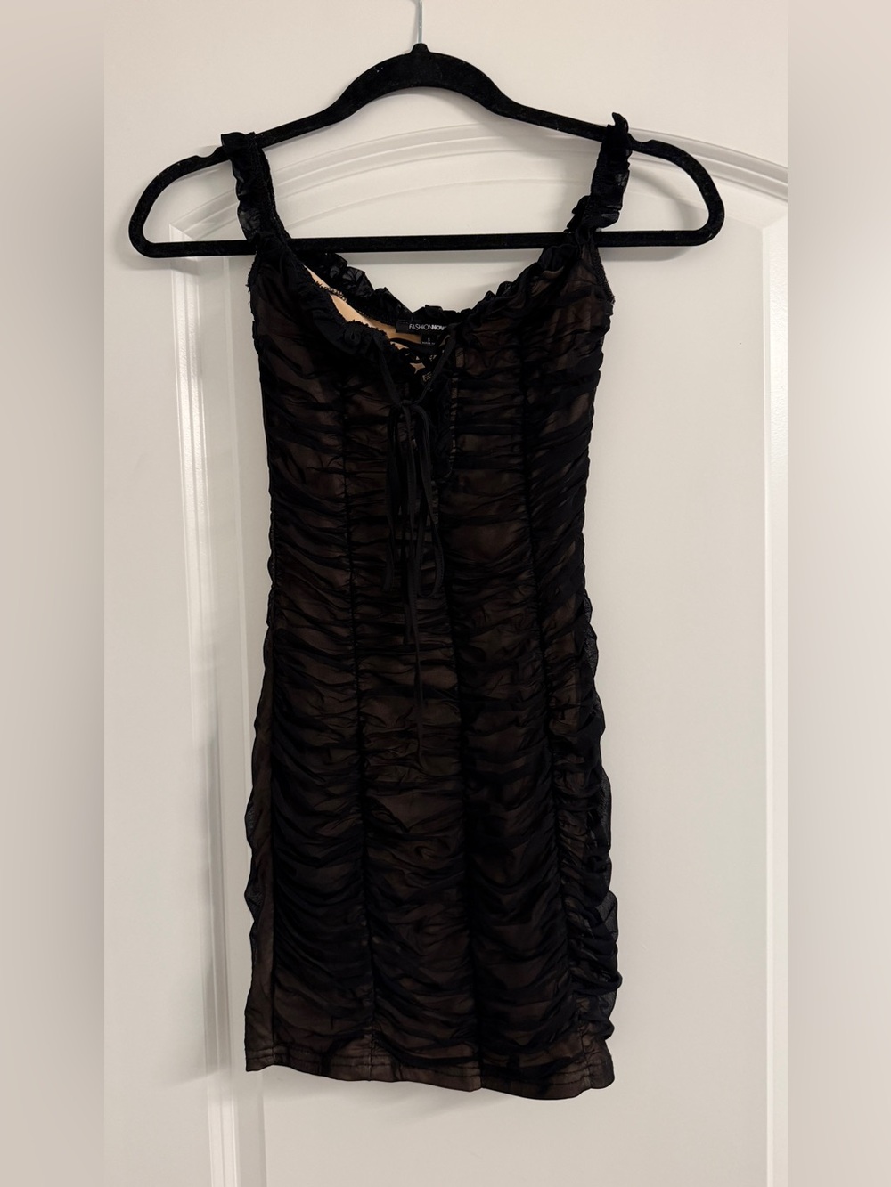 Fashion Nova Black Ruched Mini Dress with Lace Up Front